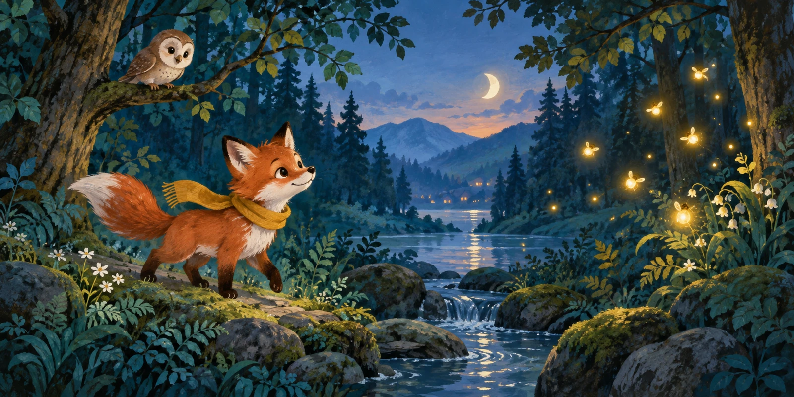 Illustrated fox and owl in an enchanted forest with glowing fireflies
