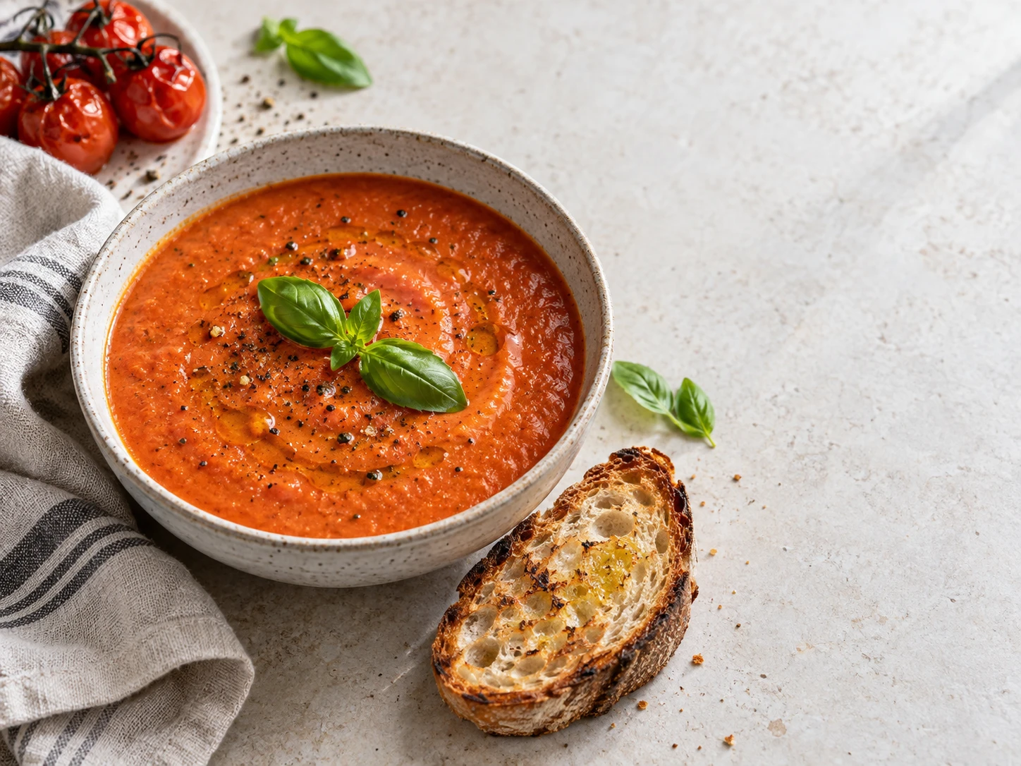 Roasted tomato and basil soup photographed for a recipe page