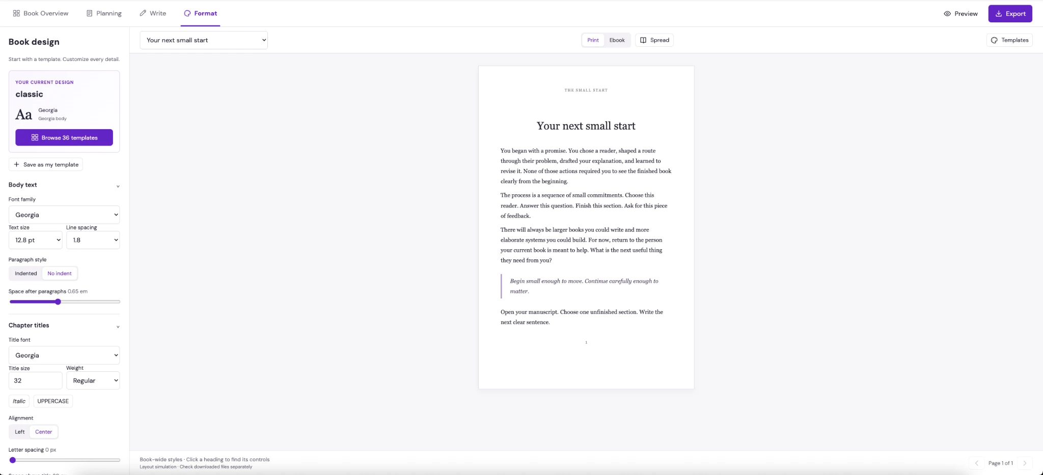 Fiction & Nonfiction Studio: manuscript with font and paragraph controls